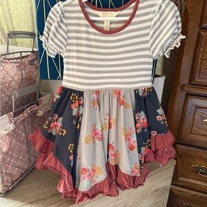 Striped Bodice Floral Ruffle Hem Dress for Girls - Gray/Brown